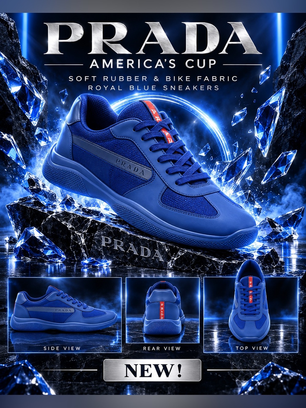 Prada America's Cup Soft Rubber and Bike Fabric Sneakers in Royal Blue🔥New!